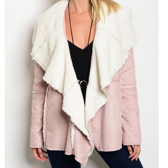 dusty pink faux suede open coat w shearling collar - Picture 2 of 3